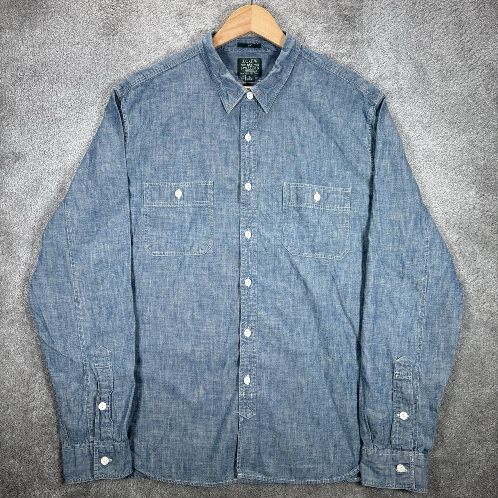 J Crew Shirt Mens XL Slim Selvedge Japanese Blue Chambray Denim Chin Strap Work